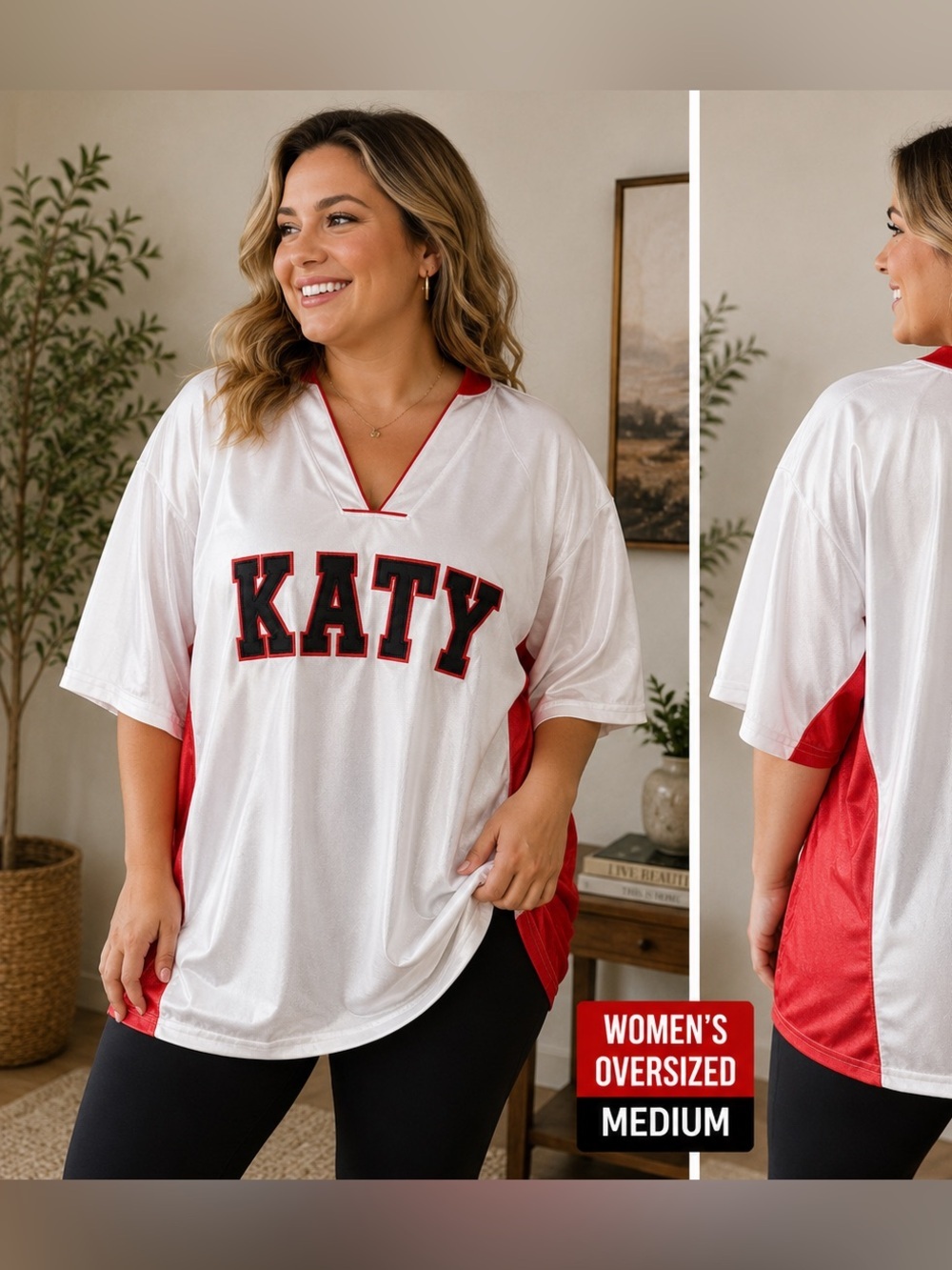 KATY Women's Oversized White & Red Jersey Top MEDIUM